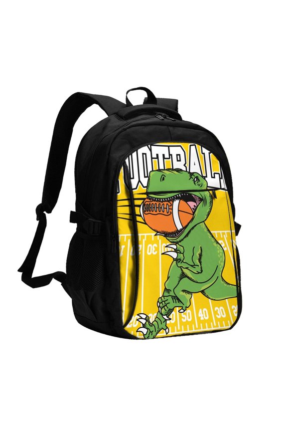 T-Rex Playing Football Print USB Backpack for Travel School Work with Laptop Compartment Charging Port and Anti-Theft Pocket