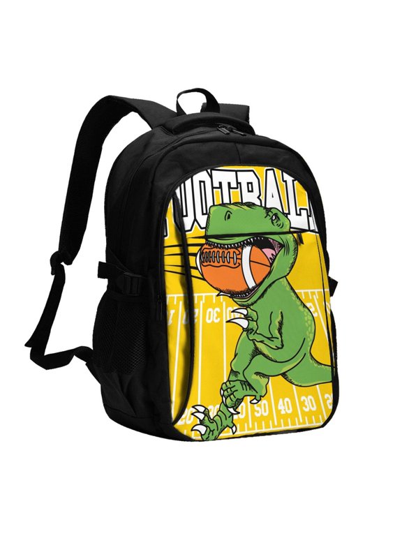 T-Rex Playing Football Print USB Backpack for Travel School Work with Laptop Compartment Charging Port and Anti-Theft Pocket