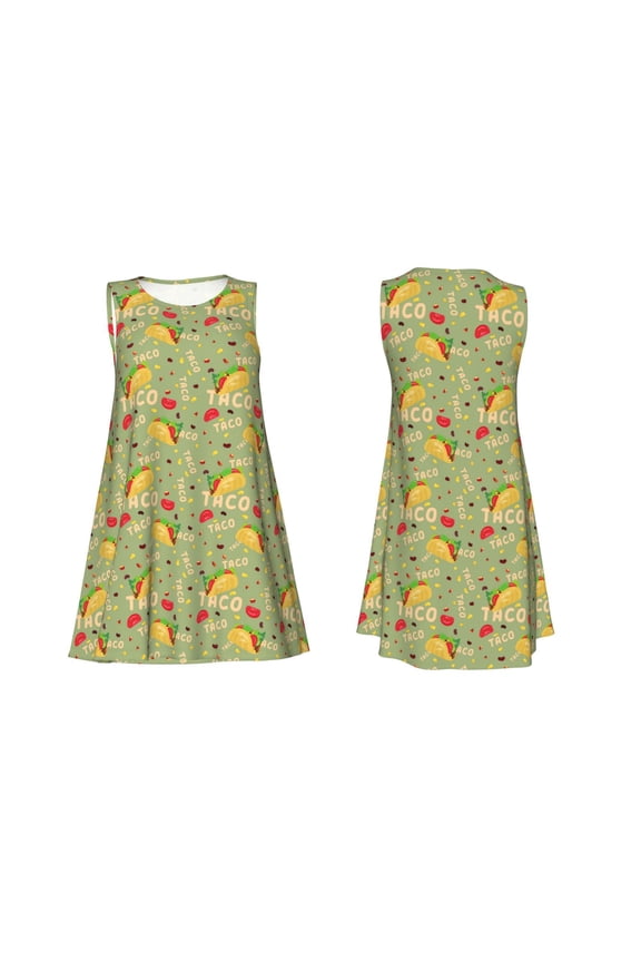 Taco Print Women's Sleeveless Dress Cotton-like Flared Hem Deep Side Pockets Above-Knee