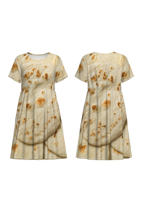 Taco Tortillas Print Women's Short Sleeve Dress Breathable Polyester-Spandex All-Over Print A-Line Side Pockets Elastic Waist