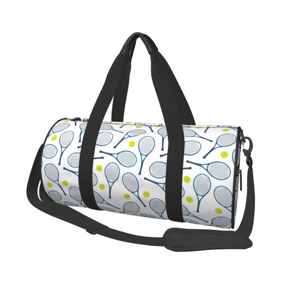Horeoi Tennis Rackets And Balls Print Foldable Travel Duffle Bag with Removable Strap - Water-Resistant Gym Vacation Luggage Multi-Pocket Design
