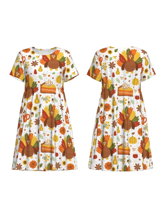 Thanksgiving With Turkey Print Women's Short Sleeve Dress Breathable Polyester-Spandex All-Over Print A-Line Side Pockets Elastic Waist