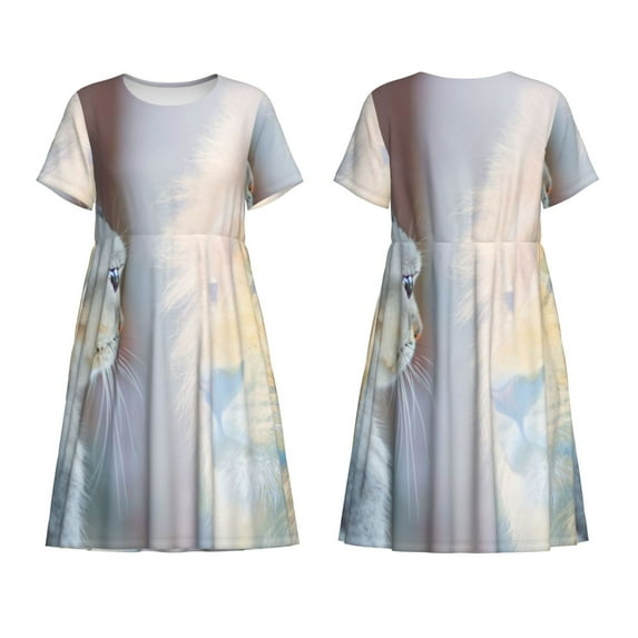 Horeoi The Cat Looks in the Mirror Print Women's Short Sleeve Dress Breathable Polyester-Spandex All-Over Print A-Line Side Pockets Elastic Waist