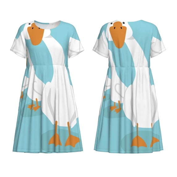 Horeoi Three White Geese Print Women's Short Sleeve Dress Breathable Polyester-Spandex All-Over Print A-Line Side Pockets Elastic Waist