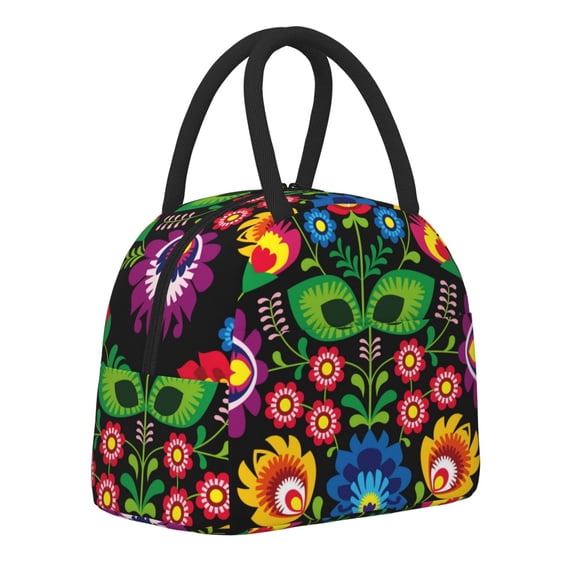 Horeoi Traditional Floral Polish Pattern Large Insulated Lunch Bag for Work, School, Picnic - Waterproof, Durable Oxford Cloth, Comfortable Handle-Black