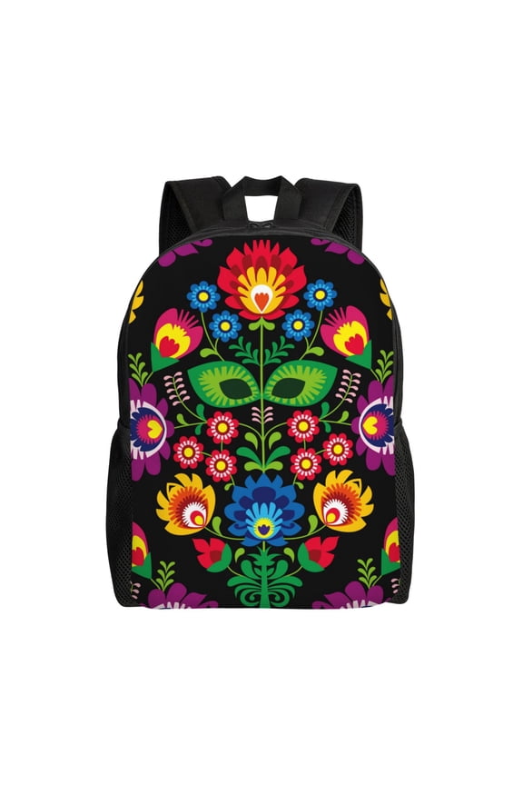 Traditional Floral Polish Print Waterproof 600D Oxford Laptop Backpack for School Travel Work - Lightweight Durable Bag with Adjustable Straps