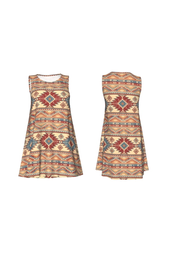 Traditional Tribal Aztec Print Women's Sleeveless Dress Cotton-like Flared Hem Deep Side Pockets Above-Knee