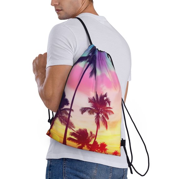 Horeoi Tropical Palm Tree at Sunset Print Drawstring Bags for Gym Sports Yoga Travel Lightweight Foldable Sackpack for Men Women Teens