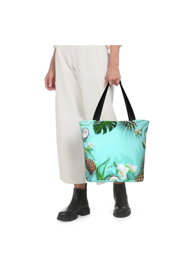 Tropical Pineapple Print Shoulder Bag for Women Large Capacity Zipper Tote for Shopping Beach Travel Gym with Inner Pocket