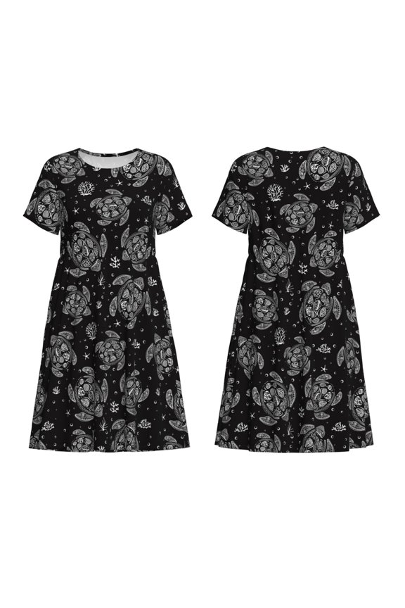 Turtle Print Women's Short Sleeve Dress Breathable Polyester-Spandex All-Over Print A-Line Side Pockets Elastic Waist