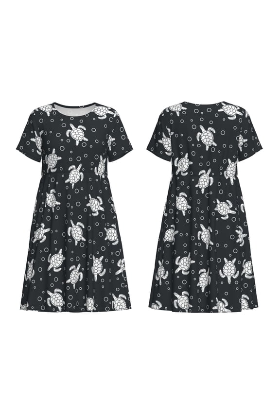 Turtle Print Women's Short Sleeve Dress Breathable Polyester-Spandex All-Over Print A-Line Side Pockets Elastic Waist