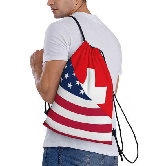 Horeoi USA Switzerland Print Drawstring Bags for Gym Sports Yoga Travel Lightweight Foldable Sackpack for Men Women Teens