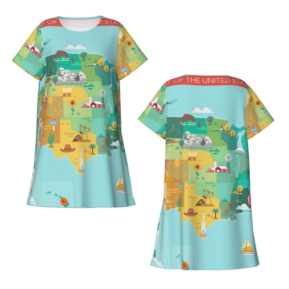 Horeoi USA Tourist Map Print Women's Short-sleeved Nightdress Breathable Cotton-like Material Loose A-line Knee-length