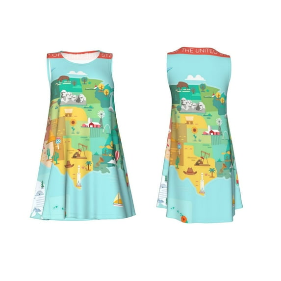 Horeoi USA Tourist Map Print Women's Sleeveless Dress Cotton-like Flared Hem Deep Side Pockets Above-Knee