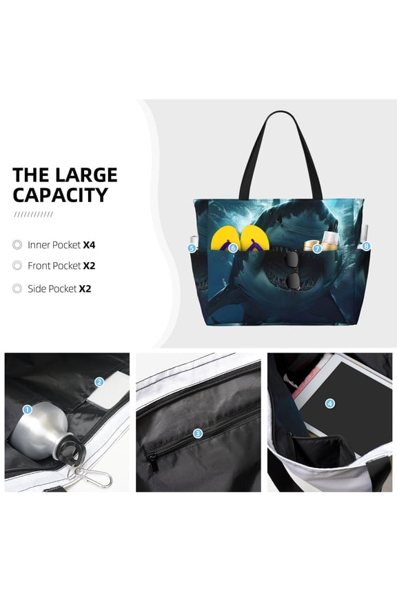 Undersea Shark Print Large Capacity Beach Travel Bag Waterproof Polyester with Multiple Pockets for Beach Camping Gym