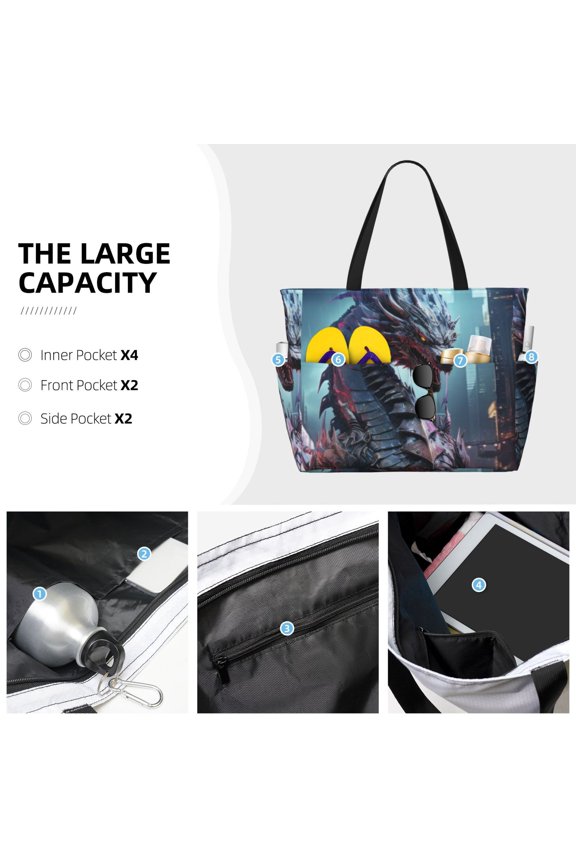 Urban Mechanical Dragon Print Large Capacity Beach Travel Bag Waterproof Polyester with Multiple Pockets for Beach Camping Gym