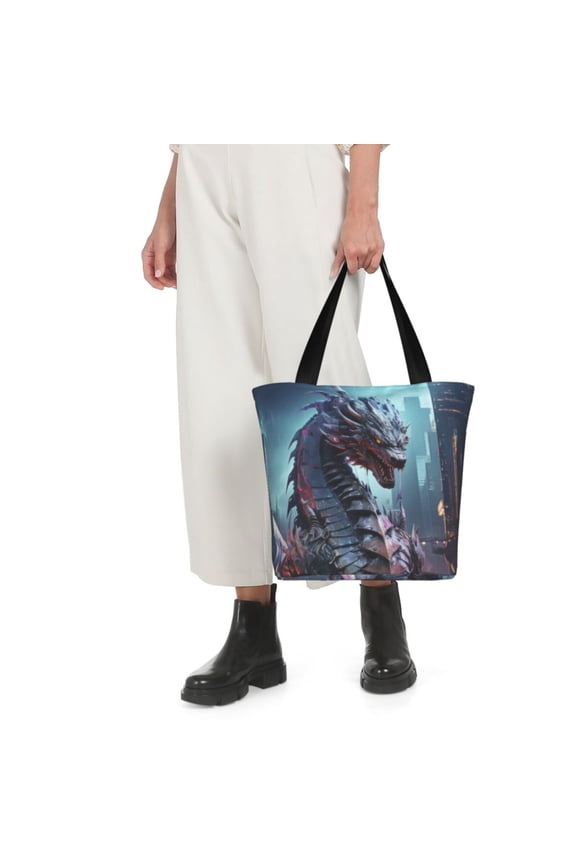 Urban Mechanical Dragon Print Shoulder Bag for Women Large Capacity Zipper Tote for Shopping Beach Travel Gym with Inner Pocket