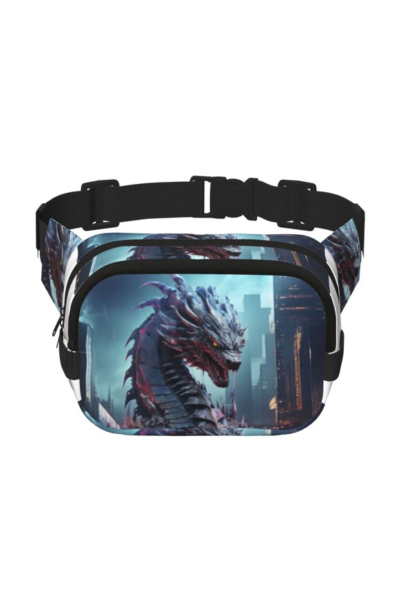 Urban Mechanical Dragon for Square Double Layer Waist Bag for Travel Cycling Outdoor Activities with Adjustable Strap and Zipper Pockets