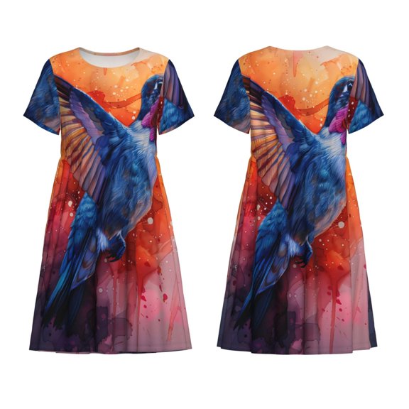 Horeoi Vibrant Hummingbird Watercolor Art Print Women's Short Sleeve Dress Breathable Polyester-Spandex All-Over Print A-Line Side Pockets Elastic Waist