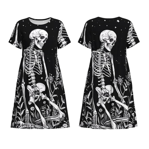 Horeoi Vintage Black white Plant skull Print Women's Short Sleeve Dress Breathable Polyester-Spandex All-Over Print A-Line Side Pockets Elastic Waist