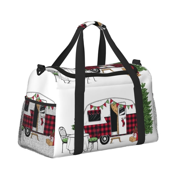 Horeoi Vintage Buffalo Plaid Christmas Camper for Travel Duffle Bag with Adjustable Strap - Large Capacity Hand Carry for Gym Sports Outdoor