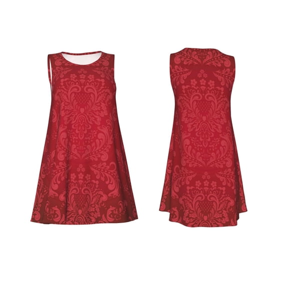 Horeoi Vintage Burgundy Print Women's Sleeveless Dress Cotton-like Flared Hem Deep Side Pockets Above-Knee