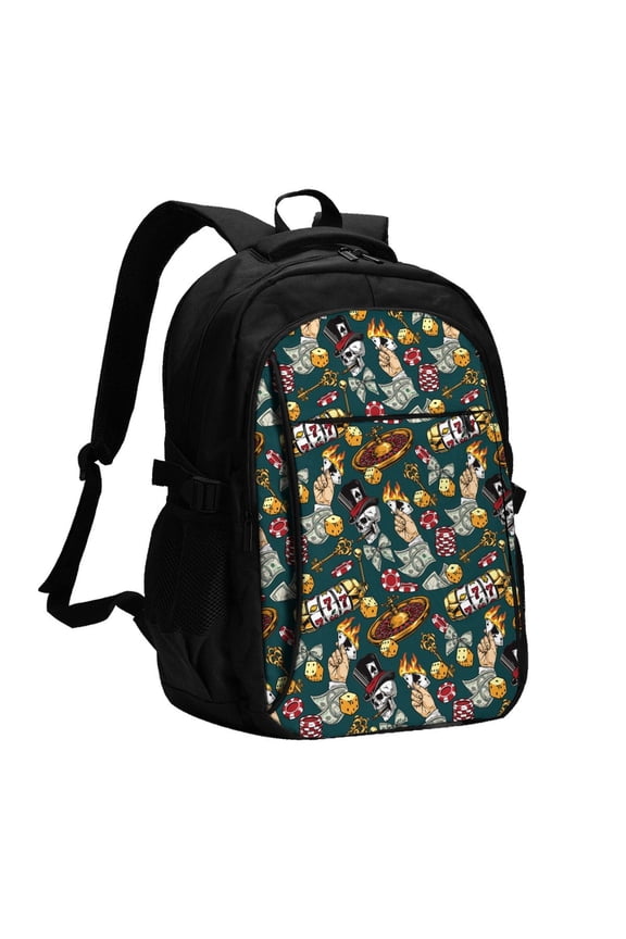 Vintage Casino Chips Print USB Backpack for Travel School Work with Laptop Compartment Charging Port and Anti-Theft Pocket