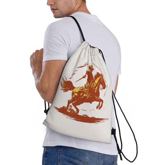 Horeoi Vintage Cowboy On A Bronco Horse Print Drawstring Bags for Gym Sports Yoga Travel Lightweight Foldable Sackpack for Men Women Teens