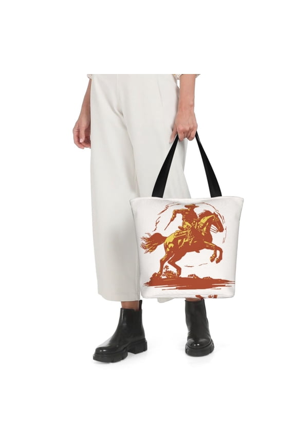 Vintage Cowboy On A Bronco Horse Print Shoulder Bag for Women Large Capacity Zipper Tote for Shopping Beach Travel Gym with Inner Pocket