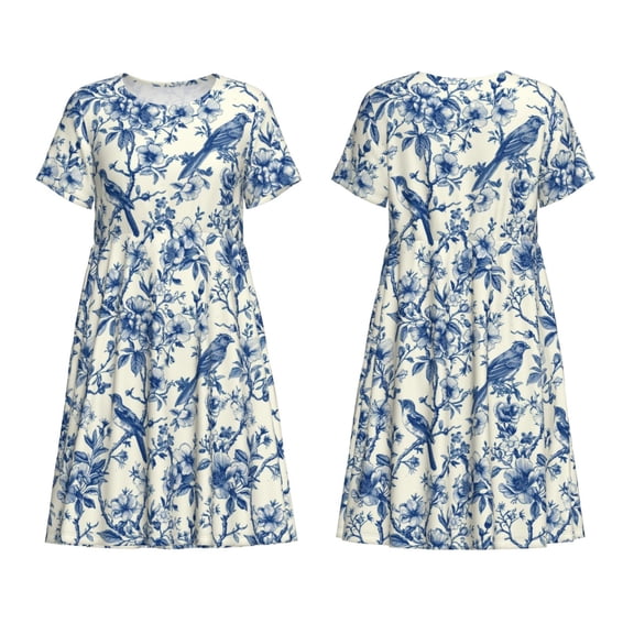 Horeoi Vintage Floral Birds Print Women's Short Sleeve Dress Breathable Polyester-Spandex All-Over Print A-Line Side Pockets Elastic Waist