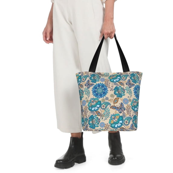 Horeoi Vintage Floral Butterflies Print Shoulder Bag for Women Large Capacity Zipper Tote for Shopping Beach Travel Gym with Inner Pocket