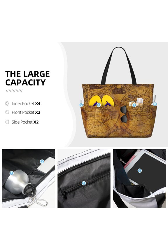Vintage Map Print Large Capacity Beach Travel Bag Waterproof Polyester with Multiple Pockets for Beach Camping Gym