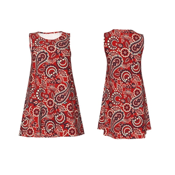 Horeoi Vintage Red Paisley Print Women's Sleeveless Dress Cotton-like Flared Hem Deep Side Pockets Above-Knee