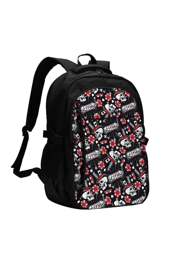 Vintage Skull Casino Print USB Backpack for Travel School Work with Laptop Compartment Charging Port and Anti-Theft Pocket