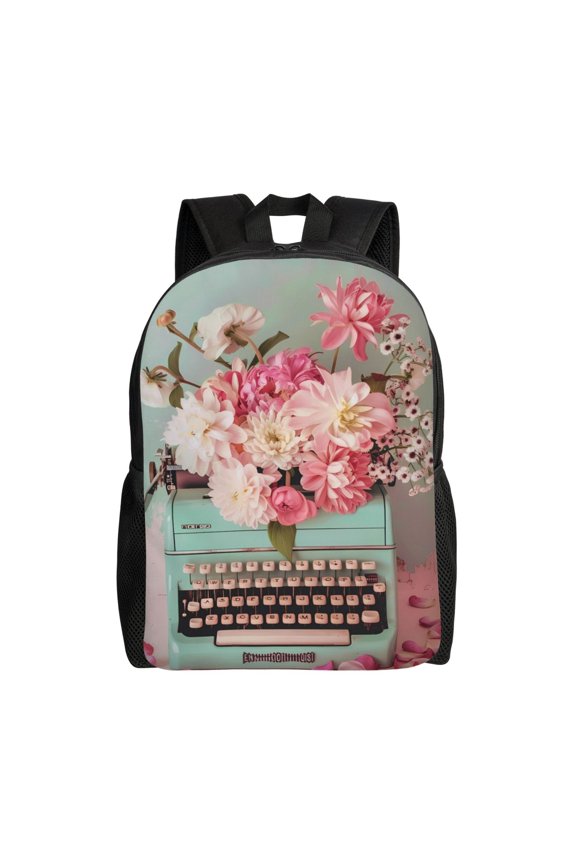 Vintage Typewriter Floral Print Waterproof 600D Oxford Laptop Backpack for School Travel Work - Lightweight Durable Bag with Adjustable Straps