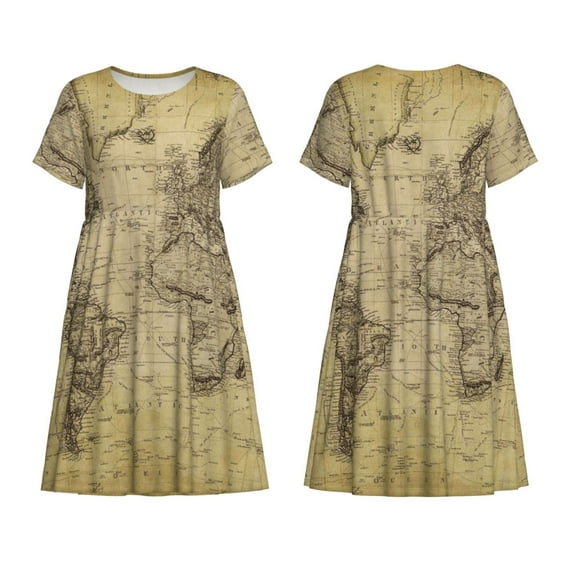 Horeoi Vintage World Map Print Women's Short Sleeve Dress Breathable Polyester-Spandex All-Over Print A-Line Side Pockets Elastic Waist