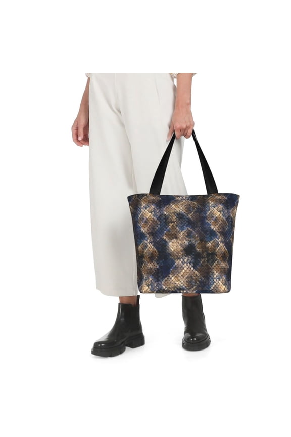 Watercolor Snake Skin Print Shoulder Bag for Women Large Capacity Zipper Tote for Shopping Beach Travel Gym with Inner Pocket