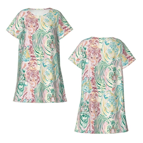 Horeoi Watercolor Tiger Print Women's Short-sleeved Nightdress Breathable Cotton-like Material Loose A-line Knee-length