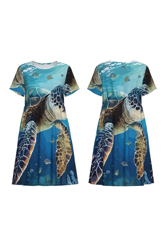 Watercolor Turtle Print Women's Short Sleeve Dress Breathable Polyester-Spandex All-Over Print A-Line Side Pockets Elastic Waist