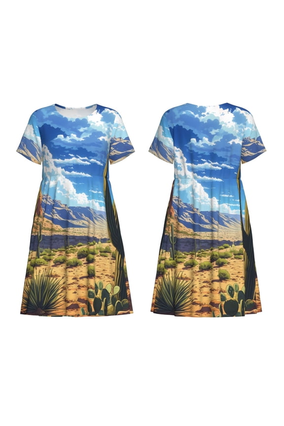 Western Desert Cactus Print Women's Short Sleeve Dress Breathable Polyester-Spandex All-Over Print A-Line Side Pockets Elastic Waist