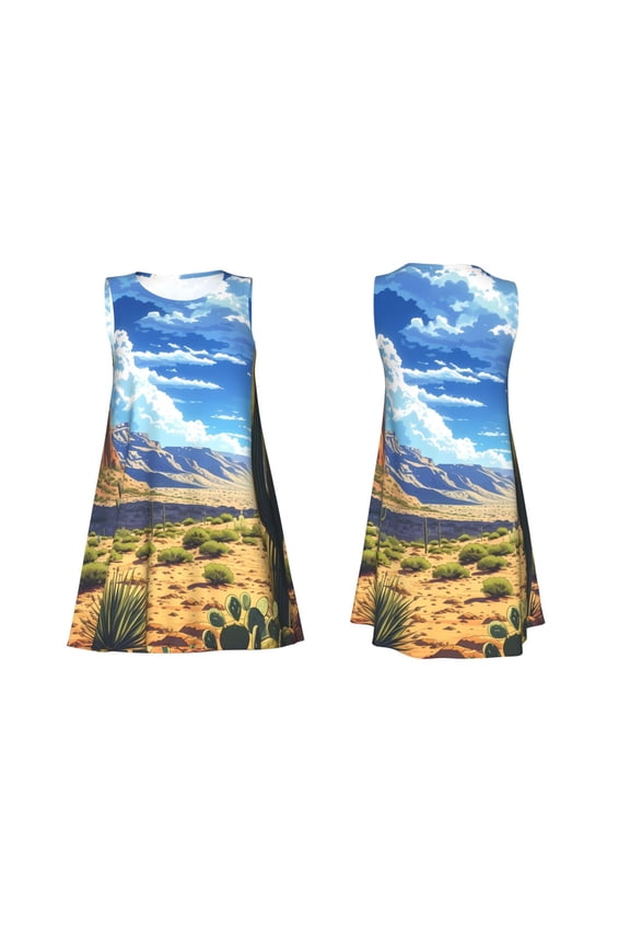 Western Desert Cactus Print Women's Sleeveless Dress Cotton-like Flared Hem Deep Side Pockets Above-Knee