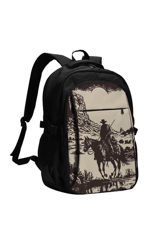 Western Desert Cowboy Print USB Backpack for Travel School Work with Laptop Compartment Charging Port and Anti-Theft Pocket