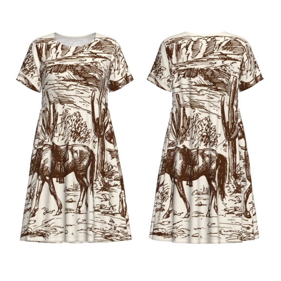 Horeoi Western Desert Cowboys2 Print Women's Short Sleeve Dress Breathable Polyester-Spandex All-Over Print A-Line Side Pockets Elastic Waist