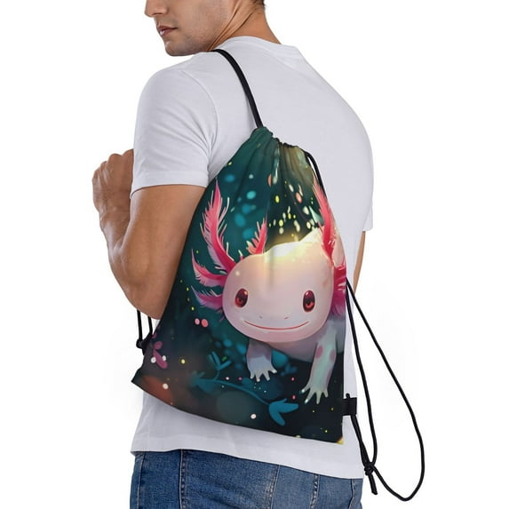 Horeoi Whimsical Axolotl Fantasy Print Drawstring Bags for Gym Sports Yoga Travel Lightweight Foldable Sackpack for Men Women Teens