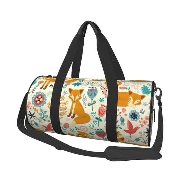 Horeoi Whimsical Fox Floral Garden Print Foldable Travel Duffle Bag with Removable Strap - Water-Resistant Gym Vacation Luggage Multi-Pocket Design