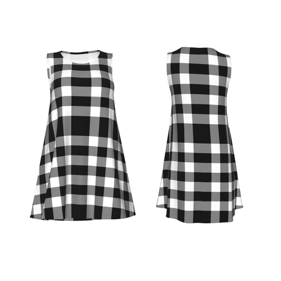 Horeoi White And Black Plaid Print Women's Sleeveless Dress Cotton-like Flared Hem Deep Side Pockets Above-Knee