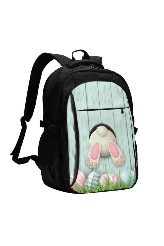 White Bunny Bottom And Easter Eggs Print USB Backpack for Travel School Work with Laptop Compartment Charging Port and Anti-Theft Pocket