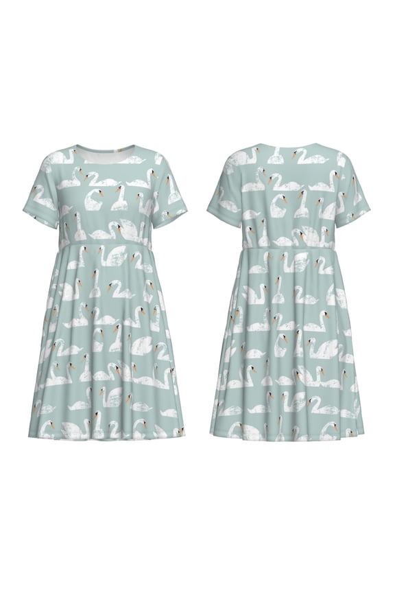White Swan Print Women's Short Sleeve Dress Breathable Polyester-Spandex All-Over Print A-Line Side Pockets Elastic Waist