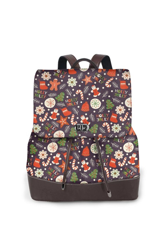 Winter Holiday Christmas for Womens Leather Backpack for School Travel Work or Casual Use with Zipper Pockets and Spacious Interior