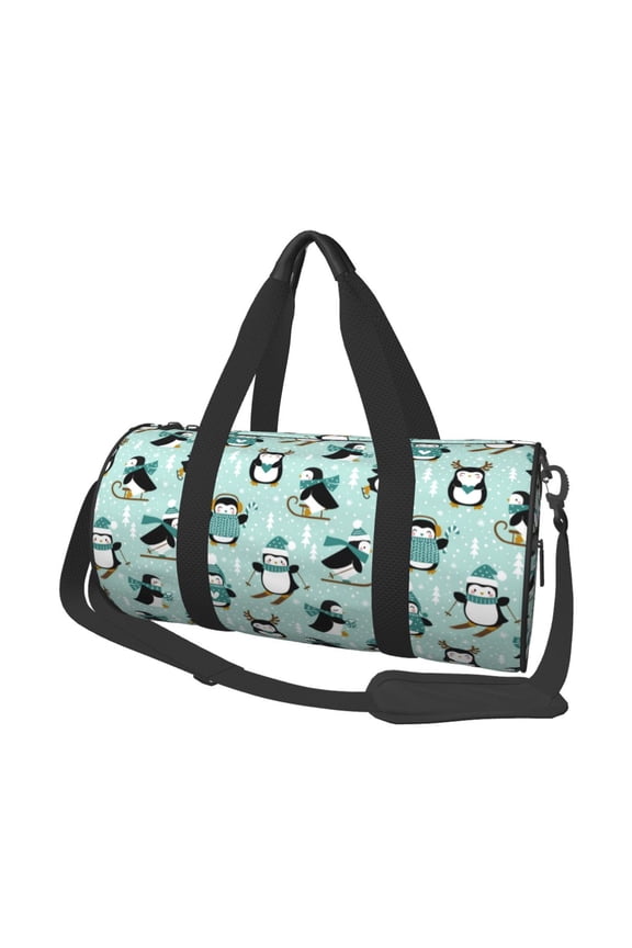 Winter Skiing Penguin Print Foldable Travel Duffle Bag with Removable Strap - Water-Resistant Gym Vacation Luggage Multi-Pocket Design